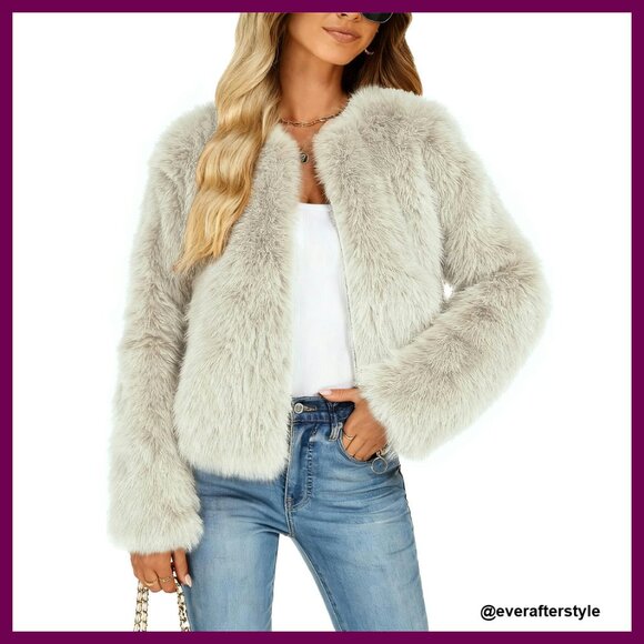 Jackets & Blazers - Faux Fur Cropped Jacket Elegant Chic Winter Coat Dressy Casual Party Wear